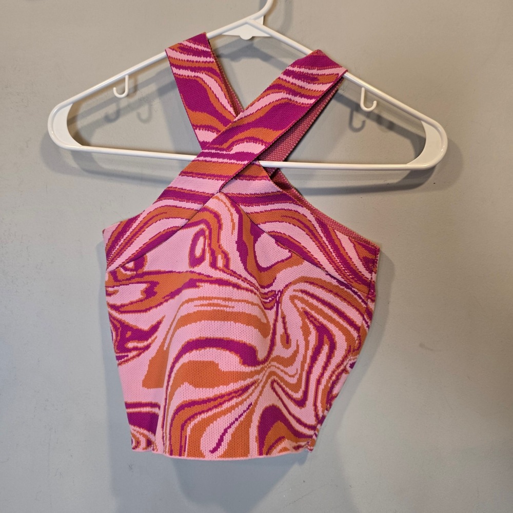 Glassons Crop Top Halter Retro Swirl Pink Womens Extra Small XS